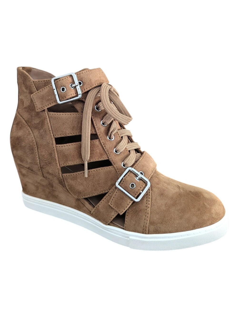 LINEA Paolo Fave Suede Wedge Sneaker Booties Buckle Cutout Lace Up Tan Size 8.5M